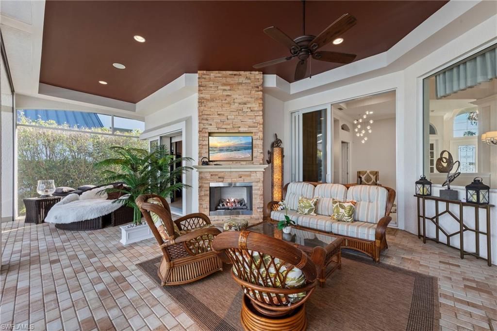 Fireplace, Interior, Living room, Recessed Lighting, Stone Walls