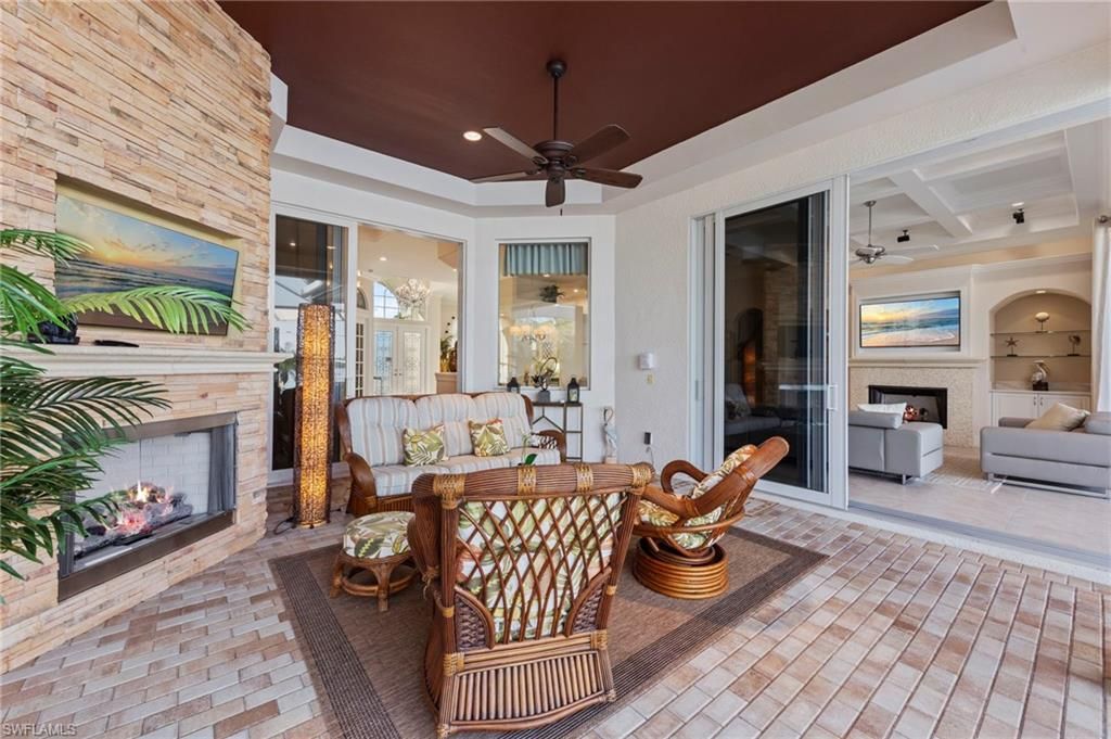 Fireplace, Interior, Living room, Recessed Lighting, Stone Walls