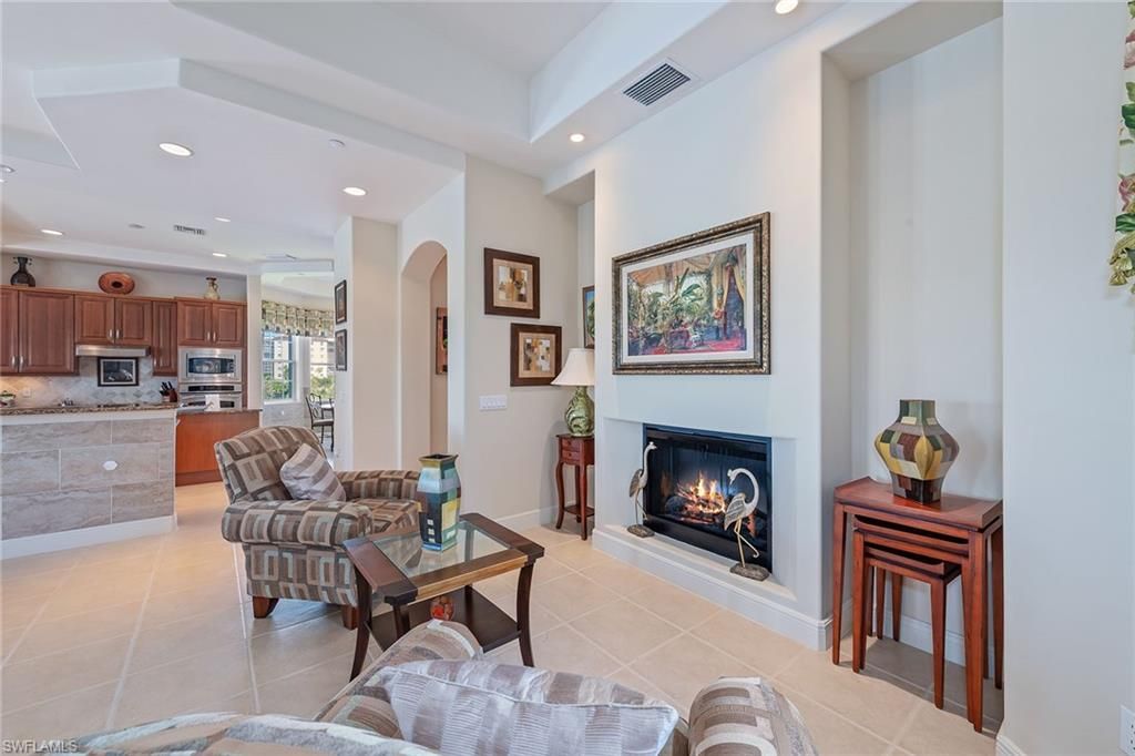 Fireplace, Interior, Kitchen, Living room, Recessed Lighting, Stainless Steel Appliances