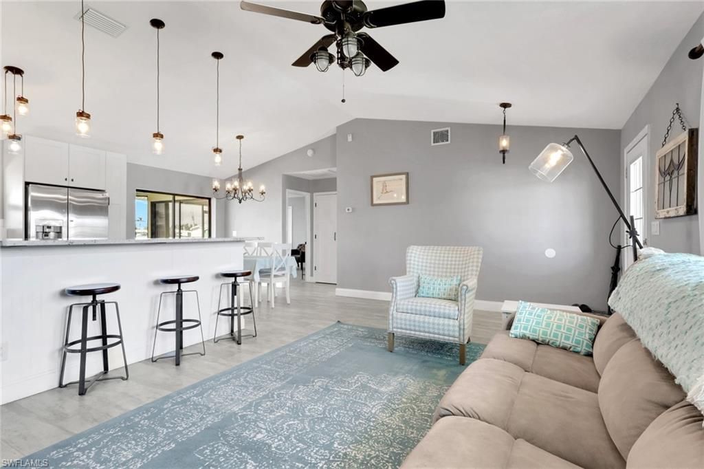 Chandelier, Interior, Kitchen, Living room, Pendant Lights, Stainless Steel Appliances, Wood Texture Flooring