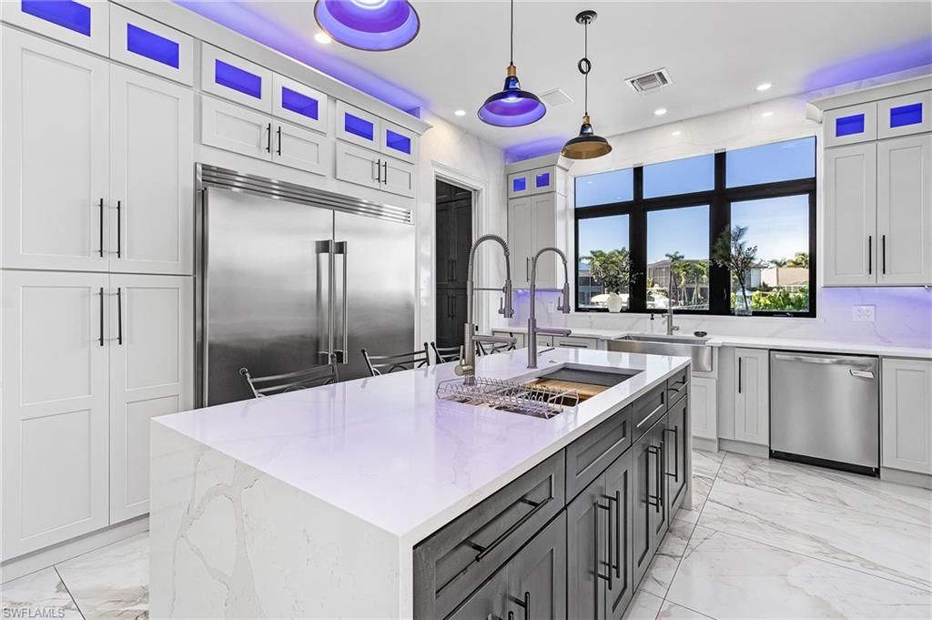 Interior, Kitchen, Marble, Pendant Lights, Recessed Lighting, Stainless Steel Appliances