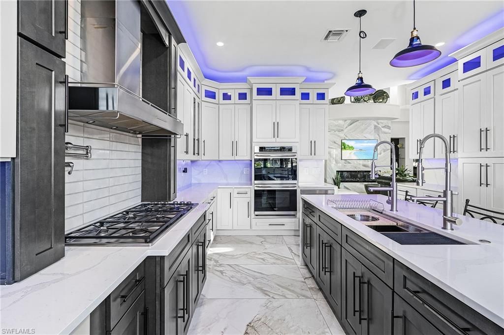 Interior, Kitchen, Marble, Pendant Lights, Recessed Lighting, Stainless Steel Appliances