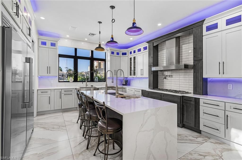 Interior, Kitchen, Marble, Pendant Lights, Recessed Lighting, Stainless Steel Appliances