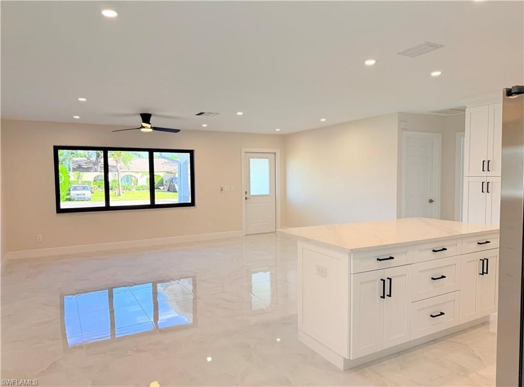 Empty room, Interior, Kitchen, Marble, Recessed Lighting