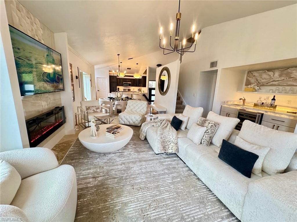 Chandelier, Dining room, Fireplace, Interior, Kitchen, Living room, Pendant Lights