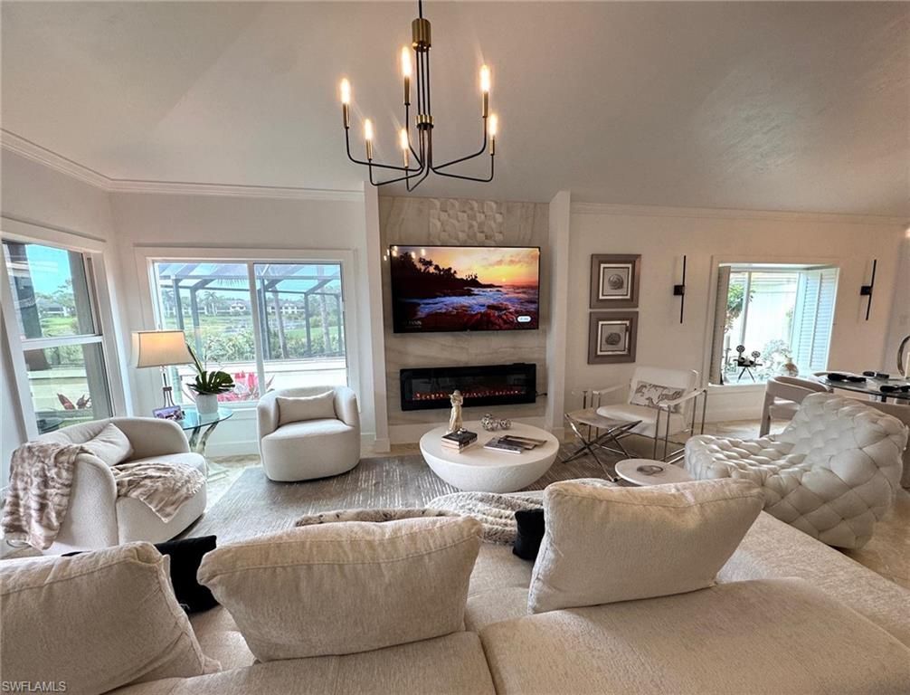 Chandelier, Fireplace, Interior, Living room