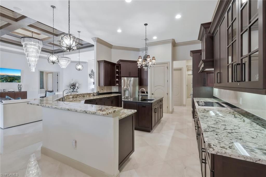 Chandelier, Interior, Kitchen, Pendant Lights, Recessed Lighting, Stainless Steel Appliances