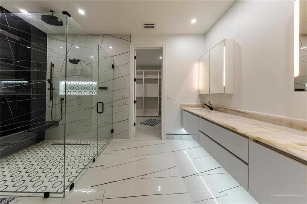 Bathroom, Glass Shower, Interior, Marble, Recessed Lighting, Walk-in Closets