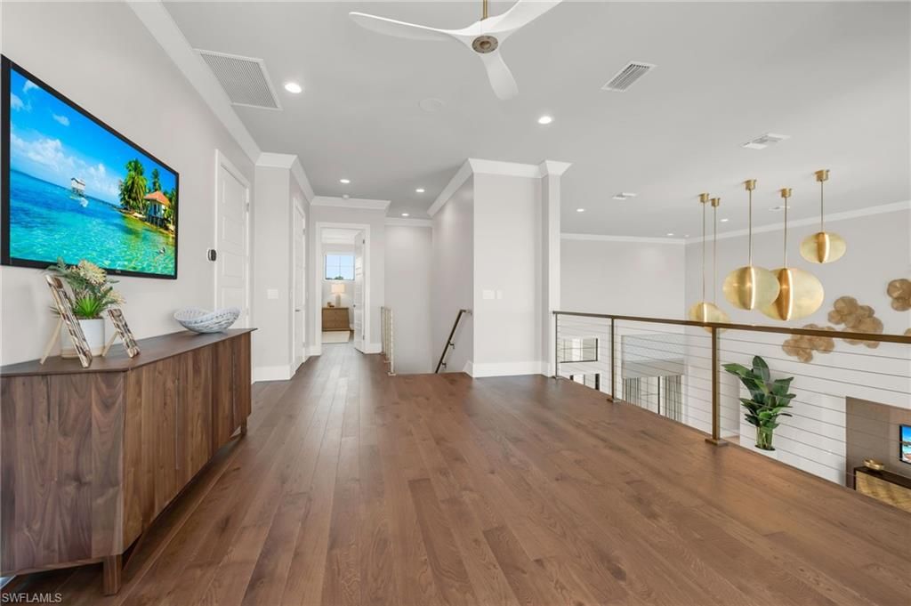 Fireplace, Interior, Pendant Lights, Recessed Lighting, Wood Texture Flooring