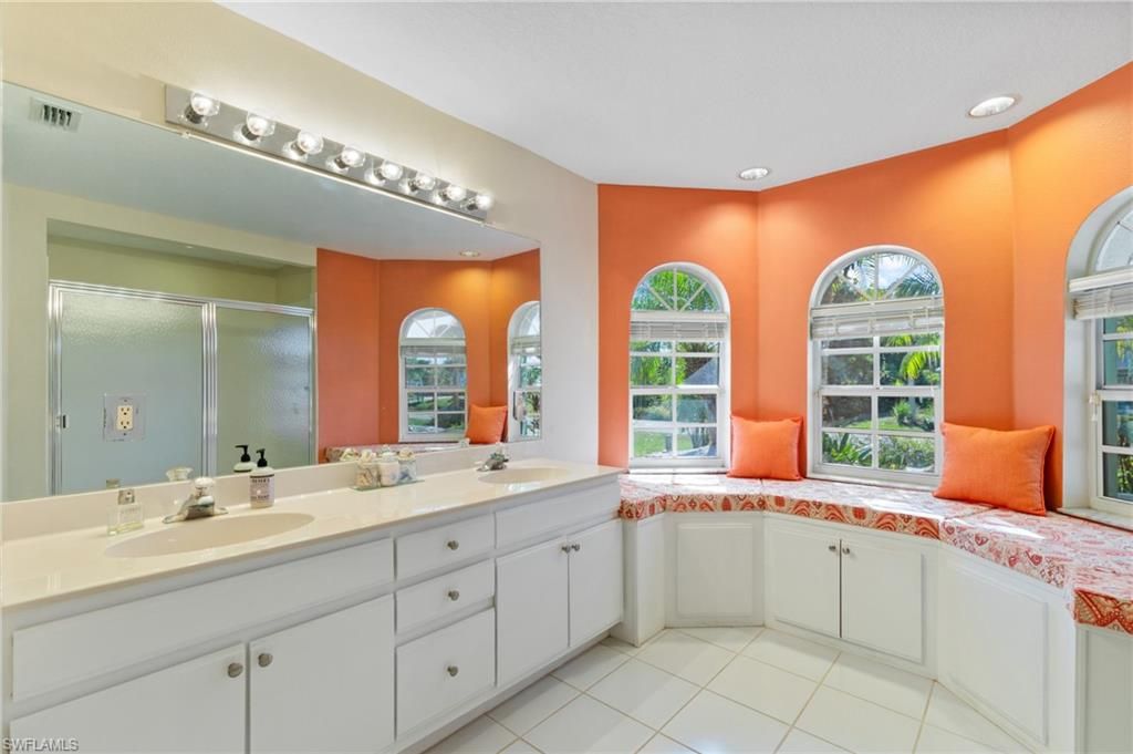 Bathroom, Dual Sink Vanities, Interior, Recessed Lighting, Tile Countertops