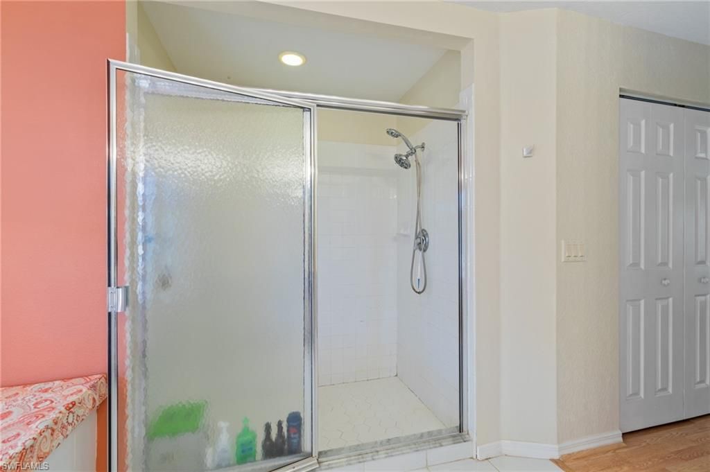 Bathroom, Glass Shower, Interior, Recessed Lighting, Wood Texture Flooring