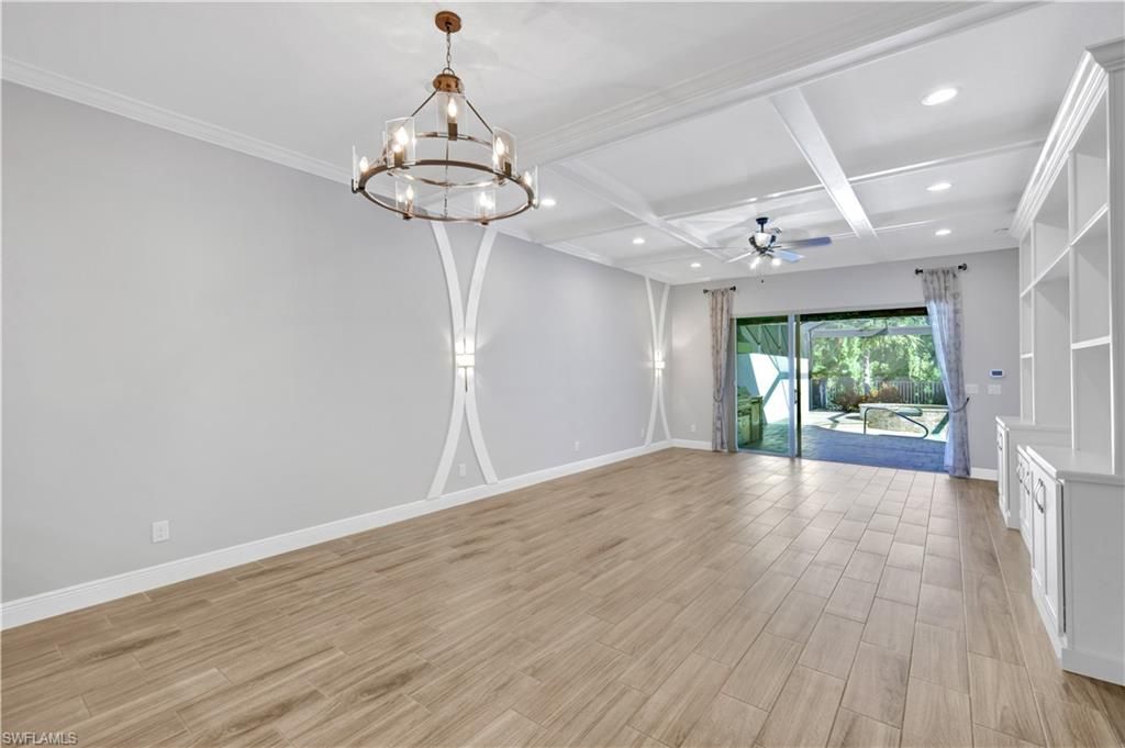 Chandelier, Empty room, Interior, Recessed Lighting, Wood Texture Flooring