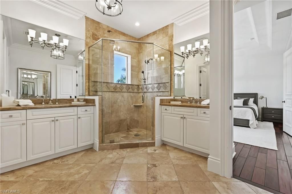 Bathroom, Bedroom, Dual Sink Vanities, Glass Shower, Interior, Recessed Lighting, Wood Texture Flooring