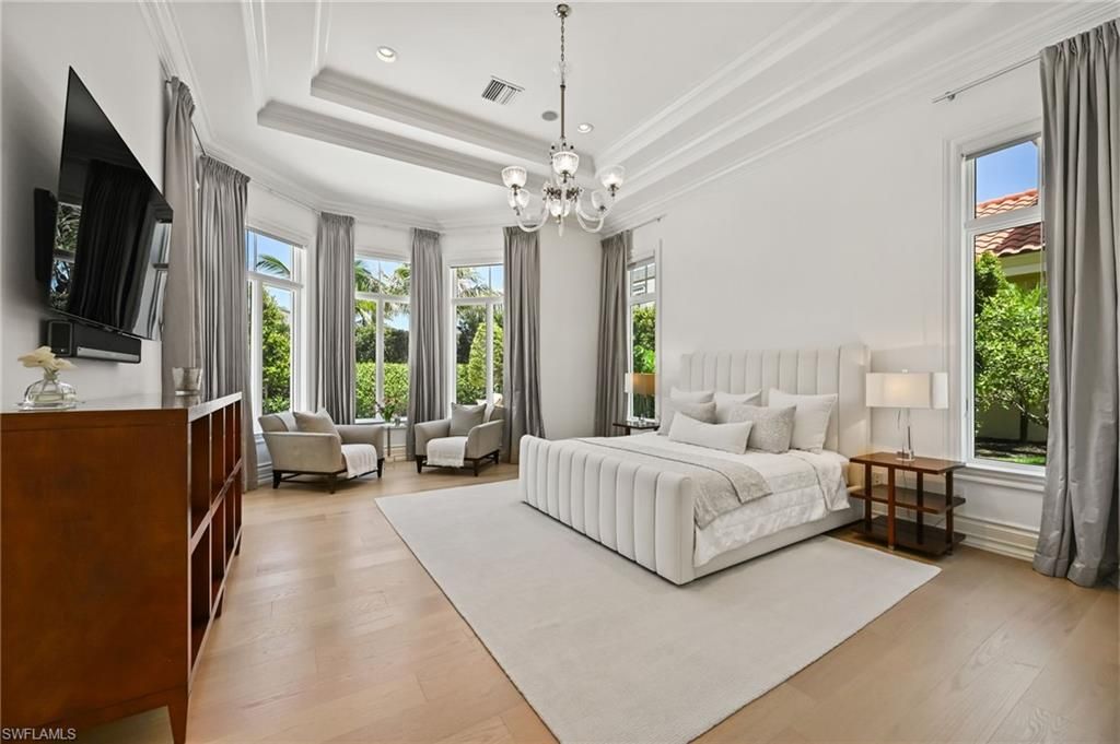 Bedroom, Chandelier, Interior, Recessed Lighting, Wood Texture Flooring