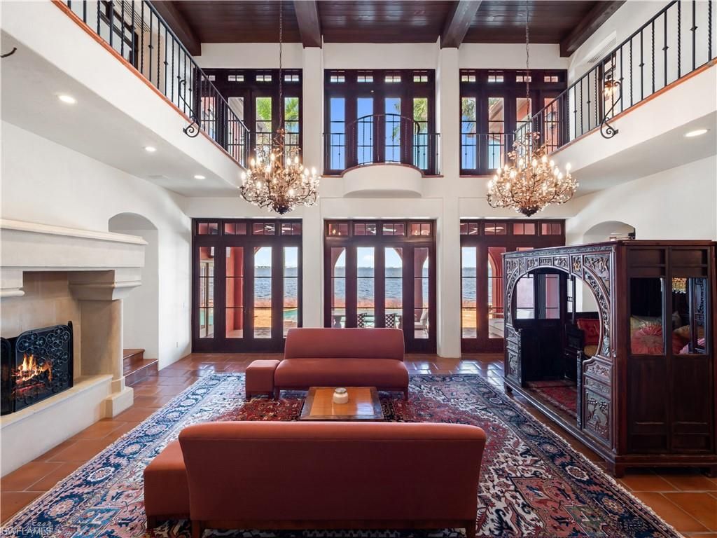 Chandelier, Fireplace, Interior, Living room, Recessed Lighting, Wooden Beams