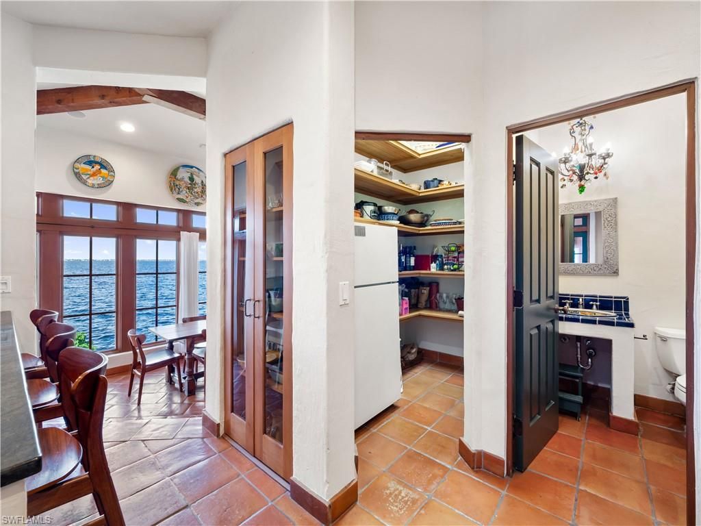 Bathroom, Chandelier, Dining room, Interior, Recessed Lighting, Water, Wooden Beams