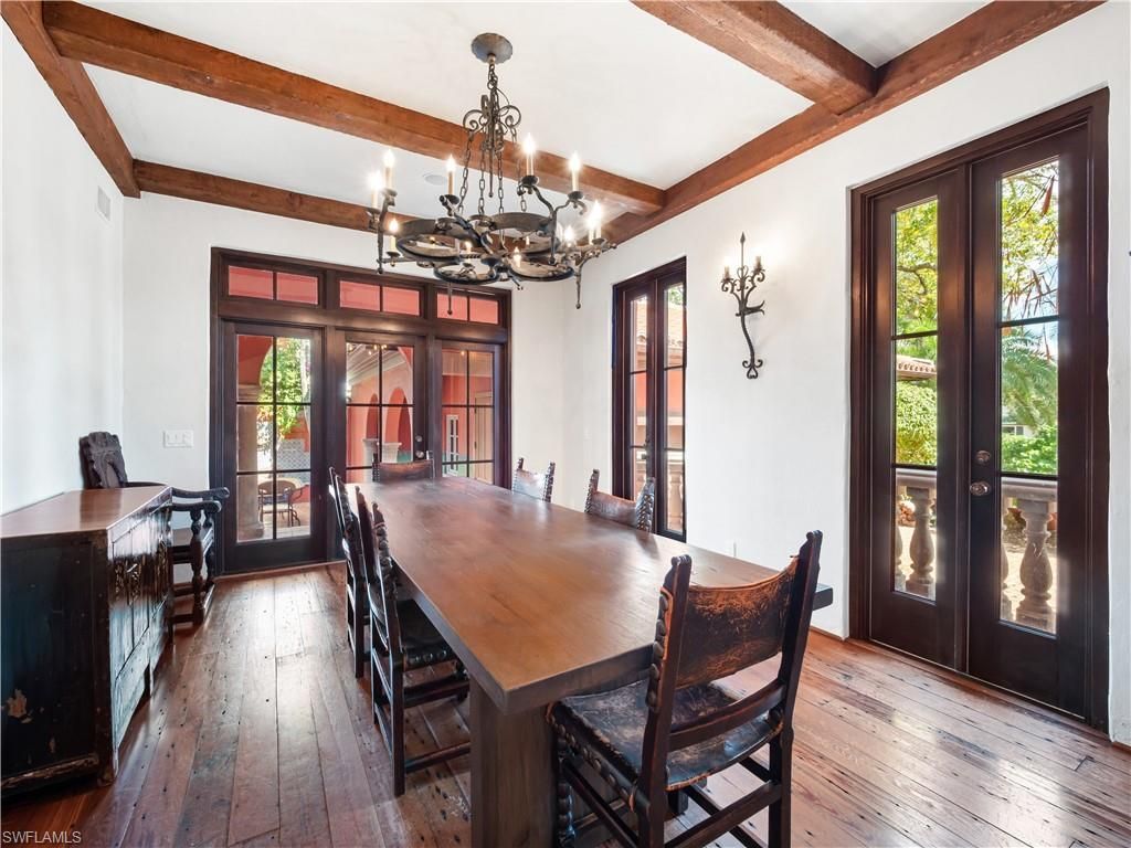 Chandelier, Dining room, Interior, Wooden Beams, Wood Texture Flooring