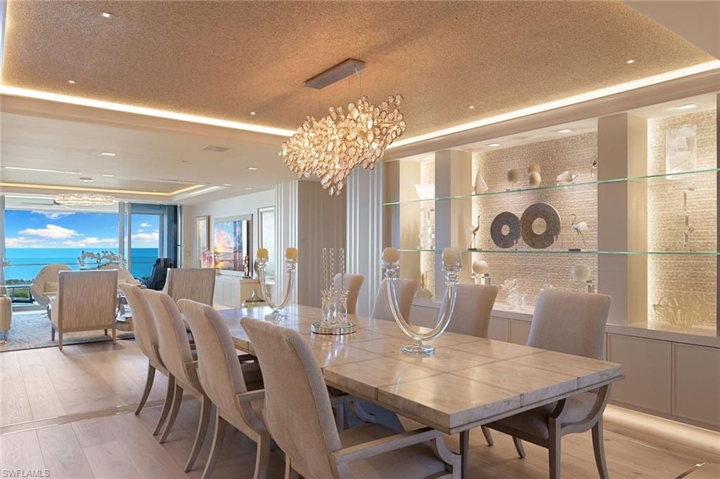 Chandelier, Dining room, Interior, Living room, Recessed Lighting, Water, Wood Texture Flooring