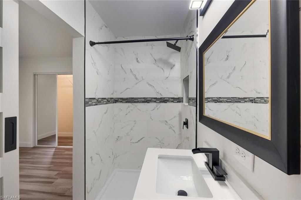 Bathroom, Interior, Marble Walls, Wood Texture Flooring