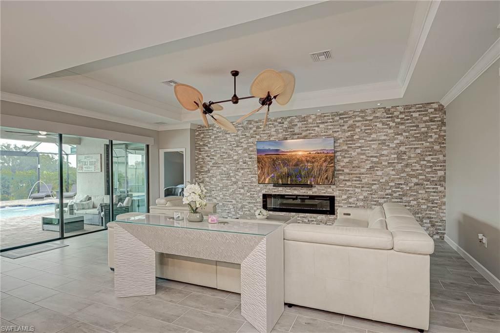 Fireplace, Interior, Living room, Recessed Lighting, Stone Walls