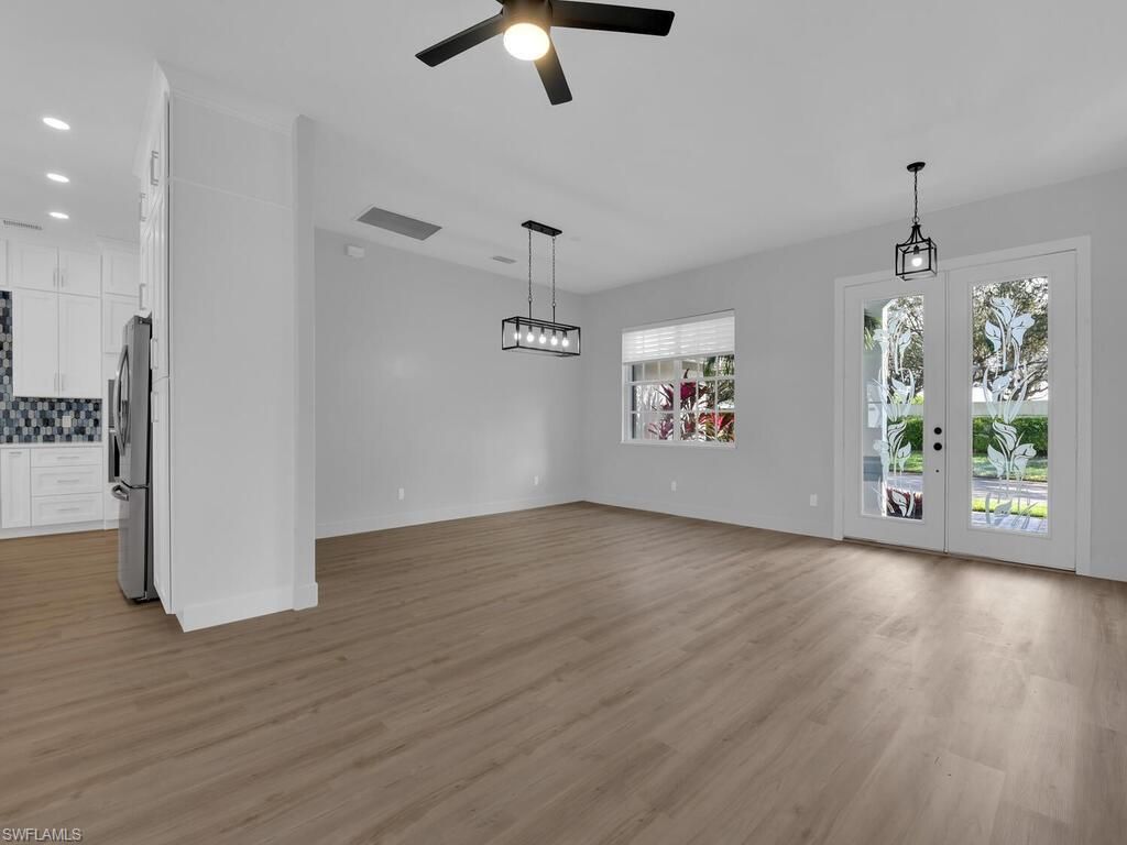 Empty room, Interior, Kitchen, Pendant Lights, Recessed Lighting, Wood Texture Flooring