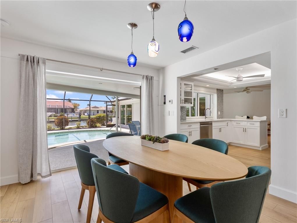 Dining room, Interior, Pendant Lights, Wood Texture Flooring
