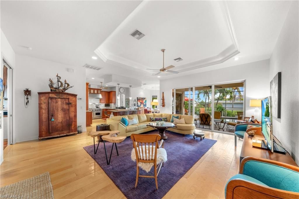 Dining room, Interior, Kitchen, Living room, Recessed Lighting, Stainless Steel Appliances, Wood Texture Flooring
