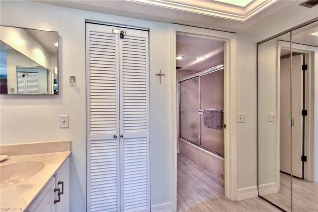 Bathroom, Glass Shower, Interior, Recessed Lighting, Wood Texture Flooring