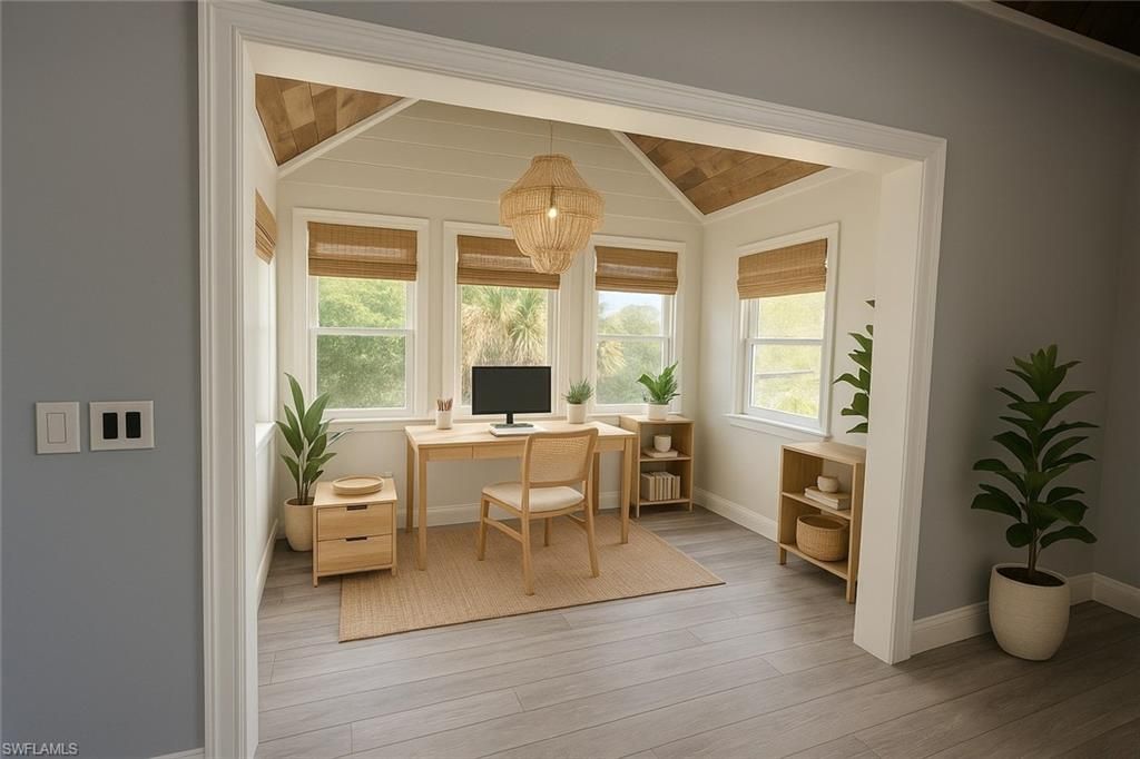 Chandelier, Home Office, Interior, Pendant Lights, Wooden Ceilings, Wood Texture Flooring