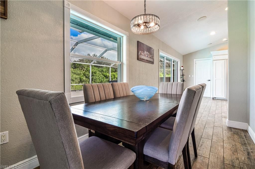 Dining room, Interior, Pendant Lights, Recessed Lighting, Wood Texture Flooring
