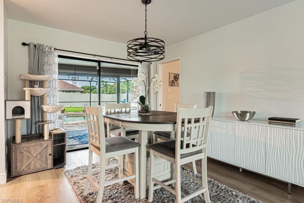 Dining room, Interior, Pendant Lights, Wood Texture Flooring