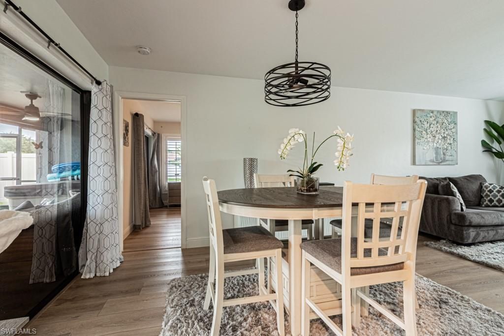 Dining room, Interior, Pendant Lights, Wood Texture Flooring