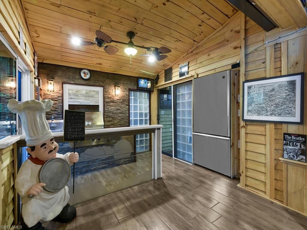 Fireplace, Interior, Recessed Lighting, Stone Walls, Wooden Ceilings, Wood Texture Flooring, Wooden Walls