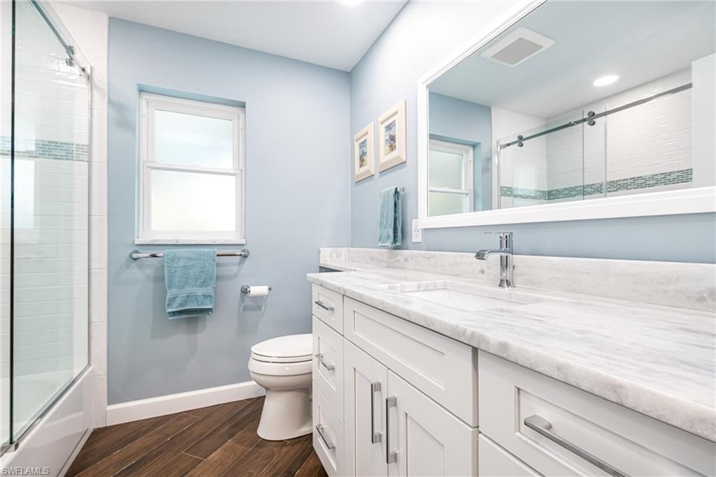 Bathroom, Glass Shower, Interior, Recessed Lighting, Wood Texture Flooring