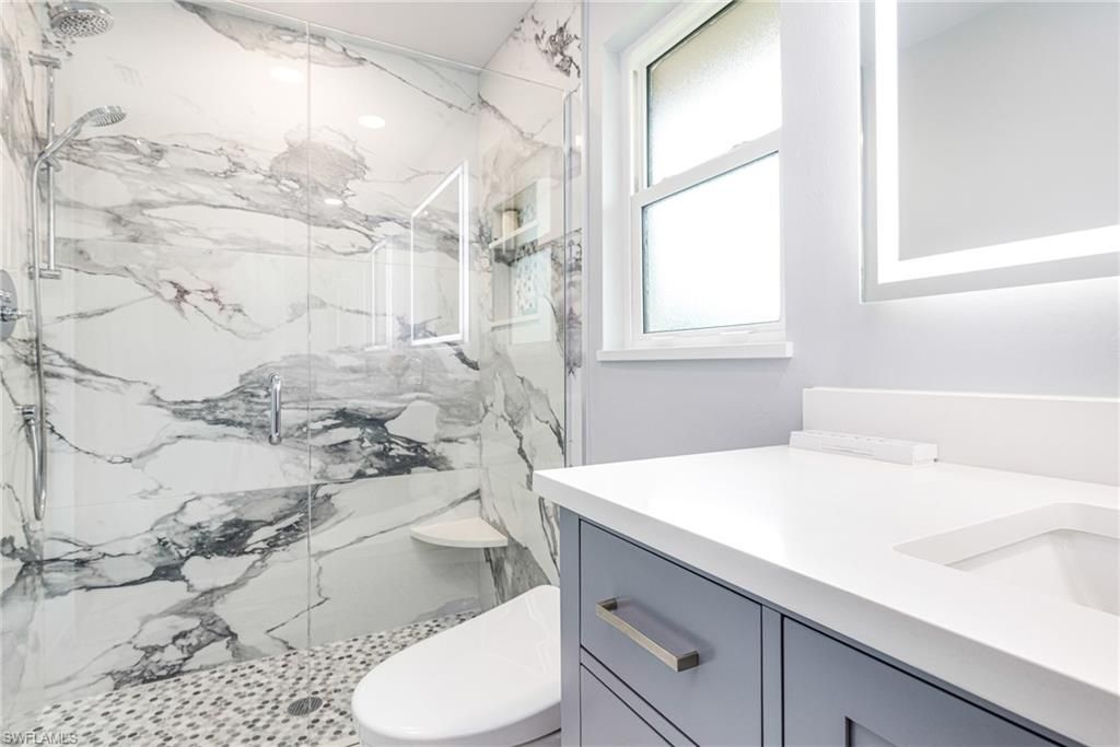 Bathroom, Glass Shower, Interior, Marble Walls, Recessed Lighting