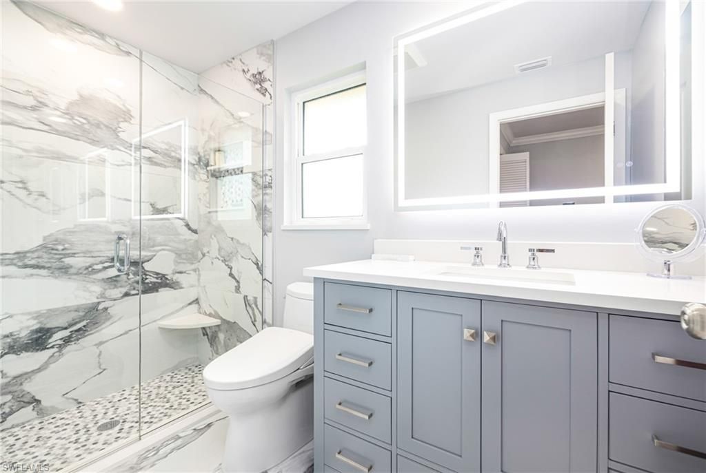 Bathroom, Glass Shower, Interior, Marble Walls, Recessed Lighting