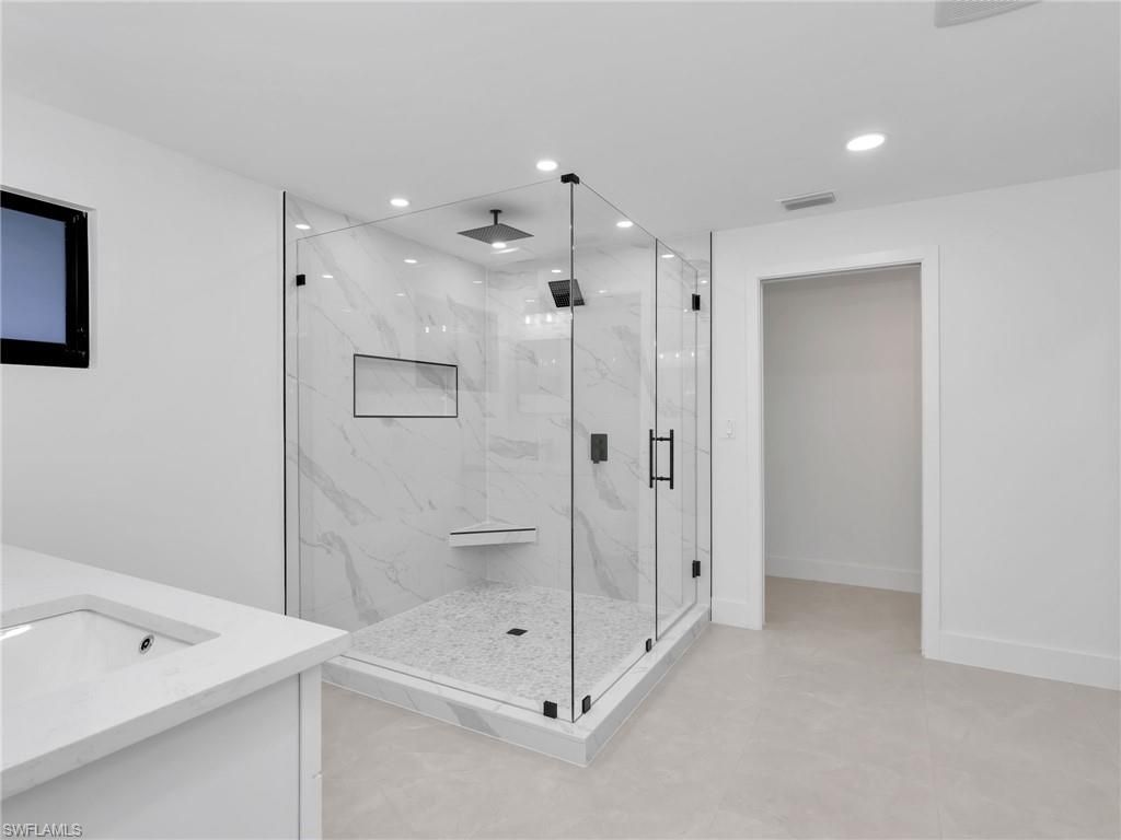 Bathroom, Glass Shower, Interior, Marble Walls, Recessed Lighting