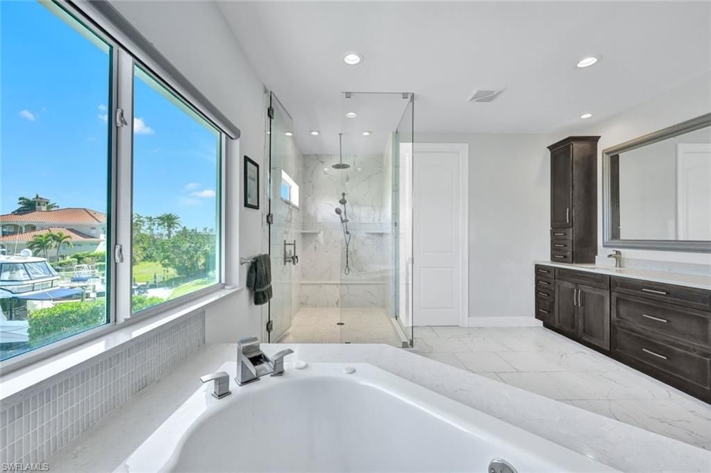 Bathroom, Glass Shower, Interior, Marble, Marble Walls, Recessed Lighting
