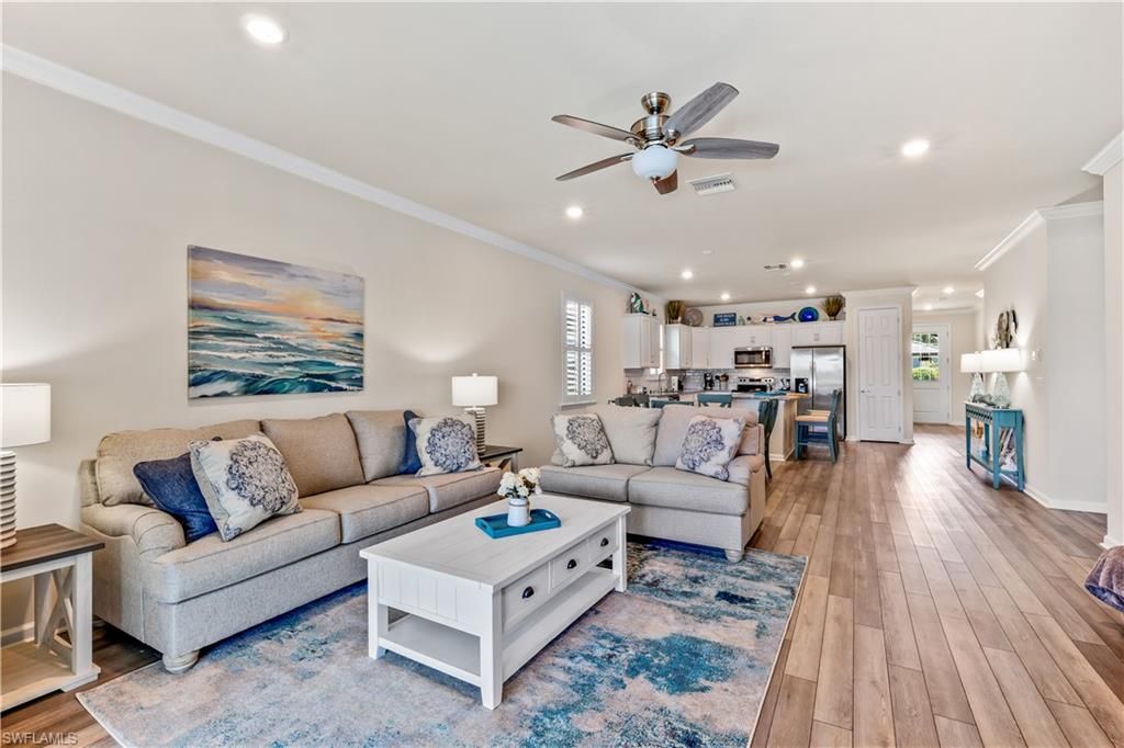 Interior, Kitchen, Living room, Recessed Lighting, Stainless Steel Appliances, Wood Texture Flooring