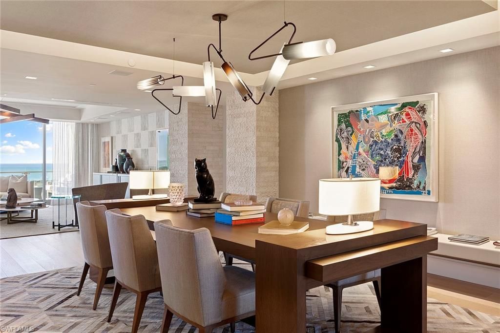 Dining room, Interior, Pendant Lights, Recessed Lighting, Water, Wood Texture Flooring