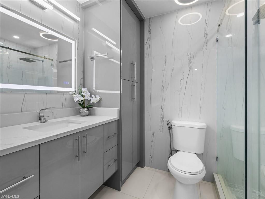 Bathroom, Glass Shower, Interior, Marble Walls, Recessed Lighting