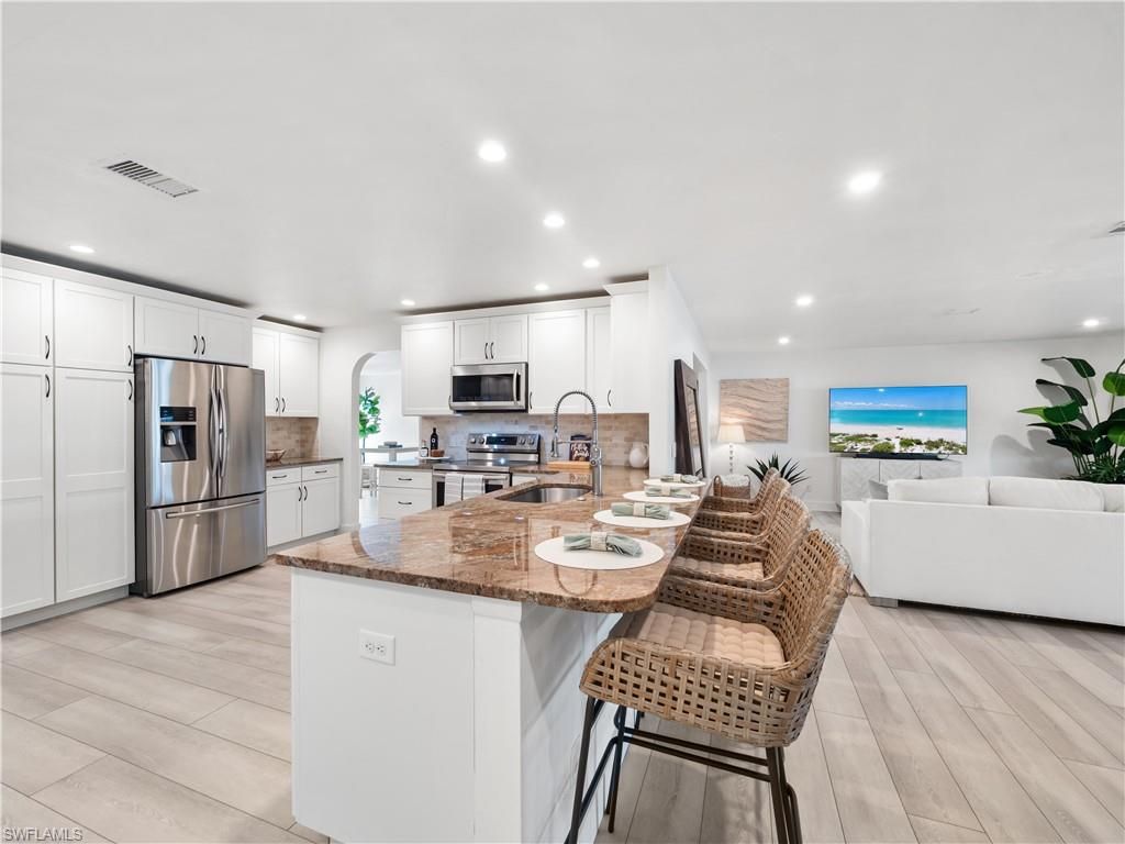 Interior, Kitchen, Living room, Recessed Lighting, Stainless Steel Appliances, Wood Texture Flooring