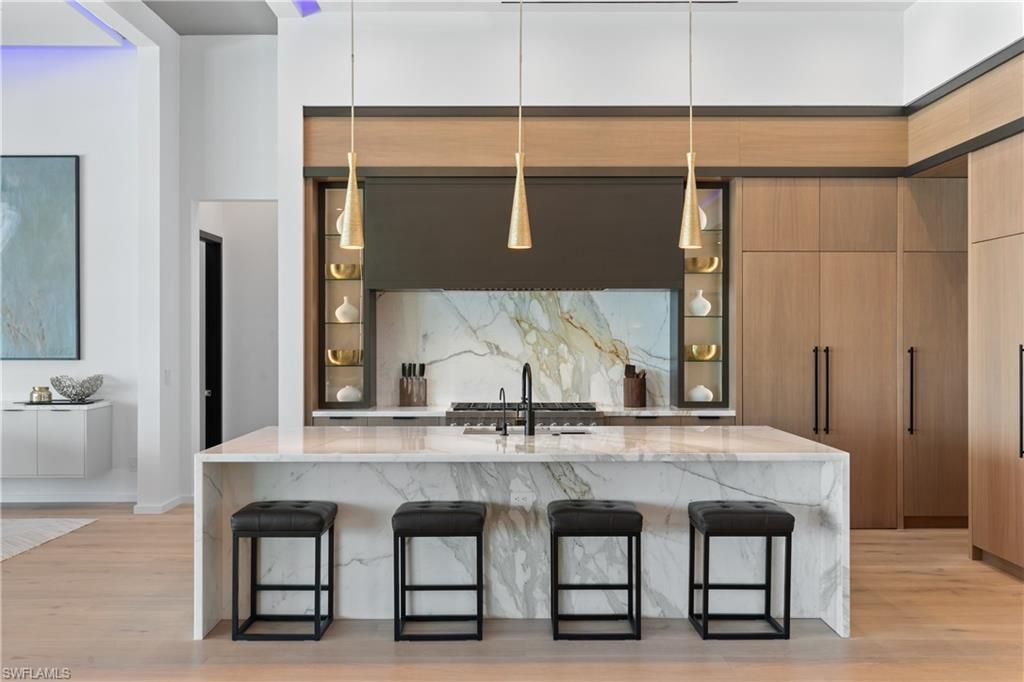 Interior, Kitchen, Marble Walls, Pendant Lights, Wood Texture Flooring