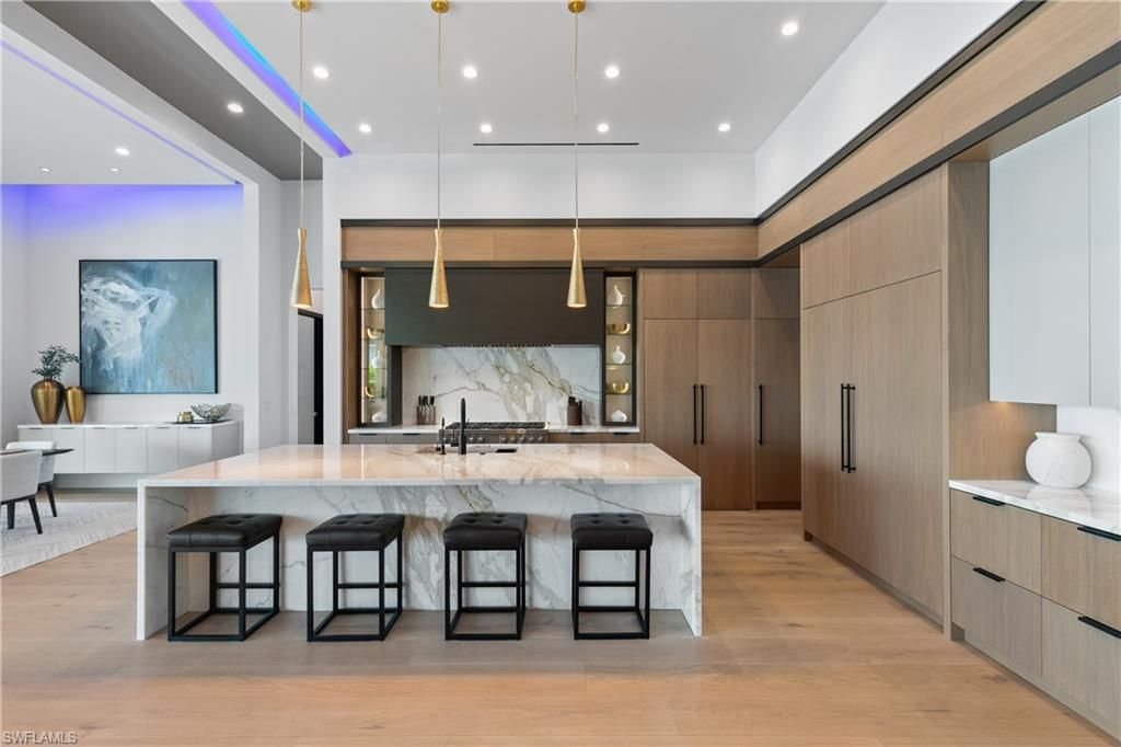 Interior, Kitchen, Marble Walls, Pendant Lights, Recessed Lighting, Wood Texture Flooring