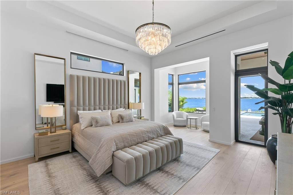 Bedroom, Chandelier, Interior, Water, Wood Texture Flooring