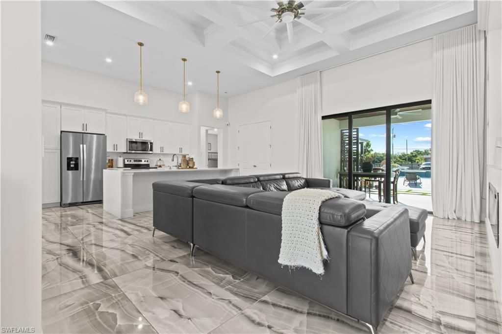 Interior, Kitchen, Living room, Marble, Pendant Lights, Recessed Lighting, Stainless Steel Appliances, Water