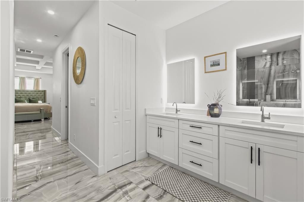 Bathroom, Dual Sink Vanities, Interior, Marble, Recessed Lighting