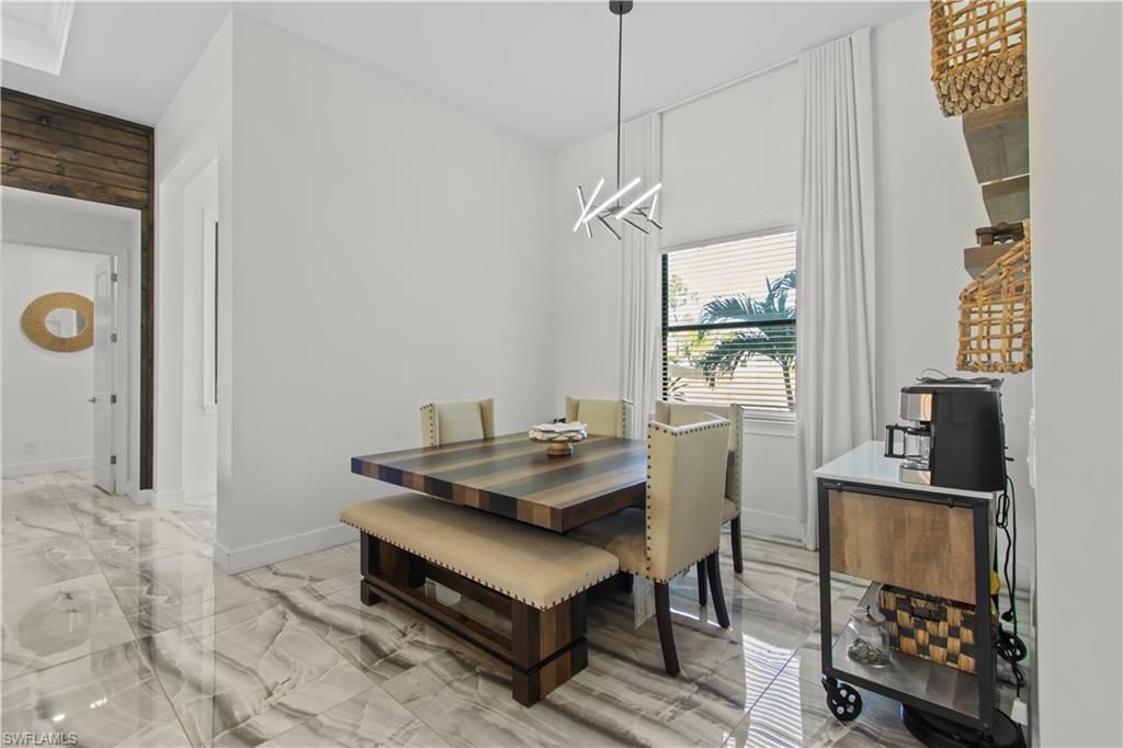 Dining room, Interior, Marble, Pendant Lights, Wooden Walls