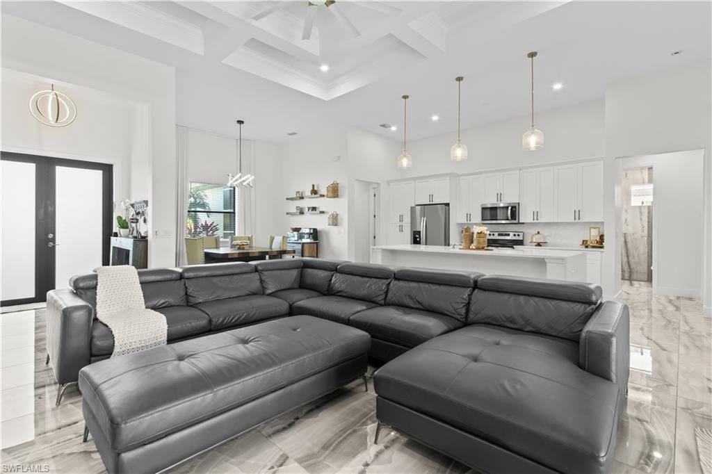 Dining room, Interior, Kitchen, Living room, Marble, Pendant Lights, Recessed Lighting, Stainless Steel Appliances