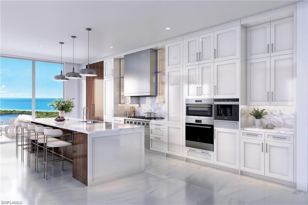 Interior, Kitchen, Marble, Pendant Lights, Recessed Lighting, Stainless Steel Appliances, Water